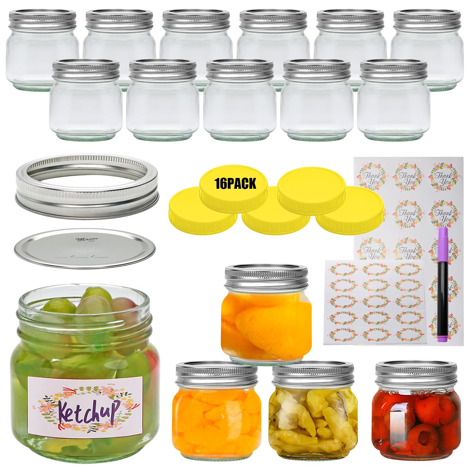 Accguan Mason Jar Set of 16, 8 OZ Glass Jar with Yellow Plastic Lid and Stainless Steel Split Lid, Honey, Wedding Favors, Shower Favors, Food Storage