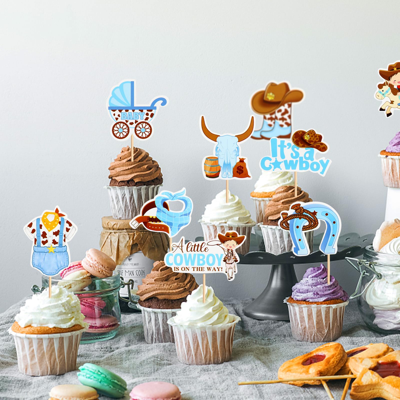 Keaziu 36PCS A little Cowboy is On The Way Cupcake Toppers Cowboy Riding HorseShoe Cowgirl Hats Western Theme Happy Birthday Baby Shower Party Cake Decorations Supplies Blue 3