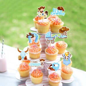 Keaziu 36PCS A little Cowboy is On The Way Cupcake Toppers Cowboy Riding HorseShoe Cowgirl Hats Western Theme Happy Birthday Baby Shower Party Cake Decorations Supplies Blue 3