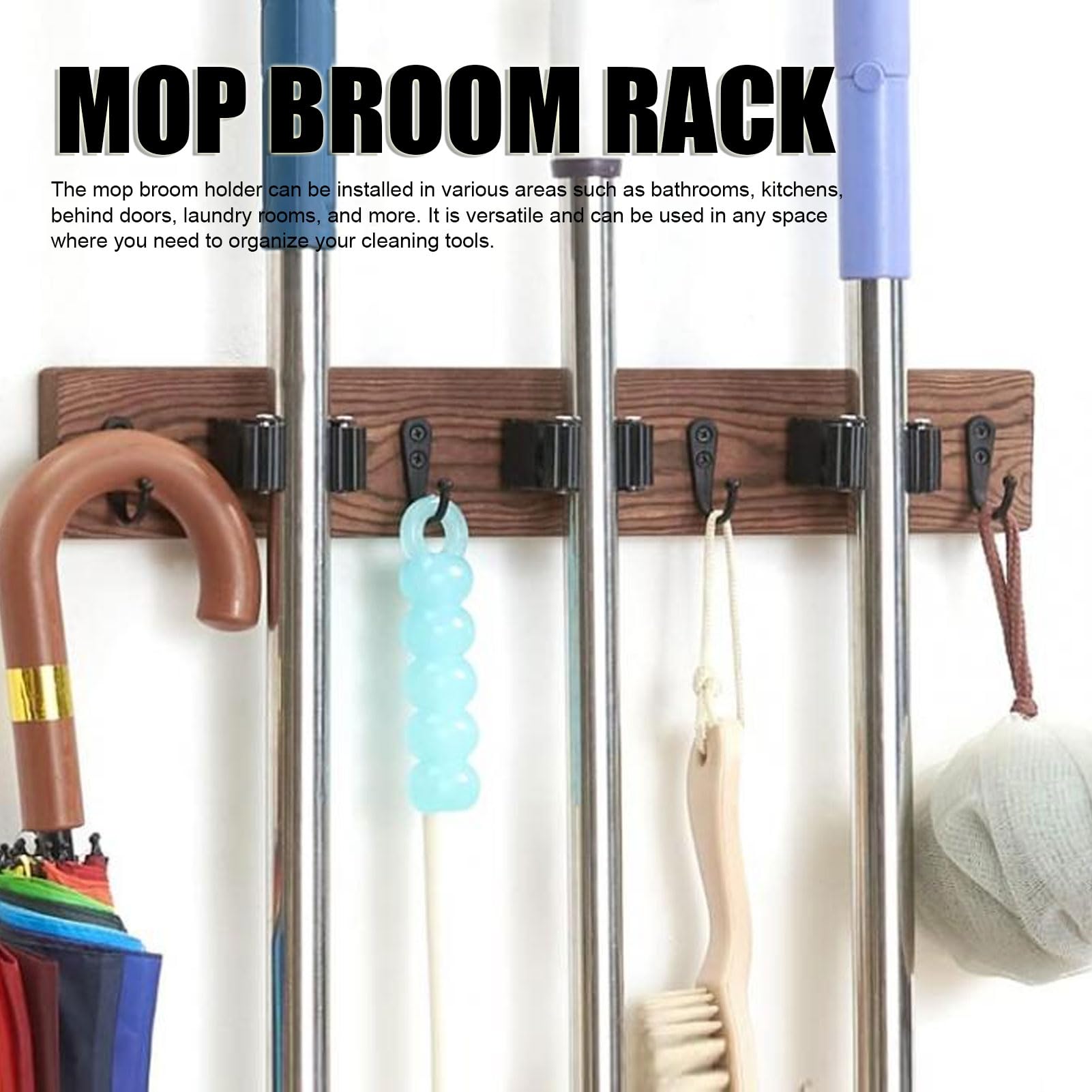 2PCS Mop and Broom Holder Wall Mount, Broom Holder Wood Broom Rack Garden Tool Rack Organizer for Laundry Room Decor with 3 Slots 4 Hooks