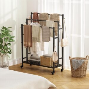 SORCEDAS Towel Rack 3 Tier Free Standing Metal Towel Stand with Storage Shelf and Wheel for Extra Large Towel Blanket Drying (Black)