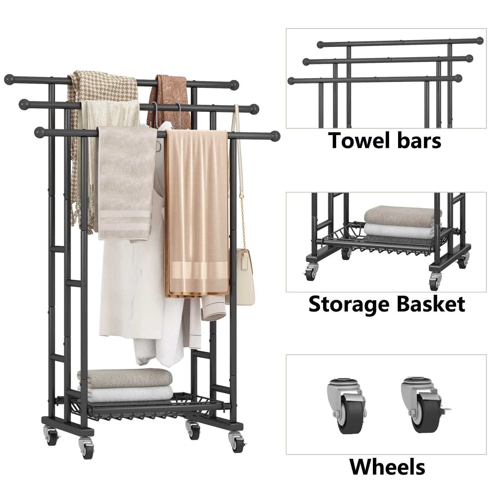 SORCEDAS Towel Rack 3 Tier Free Standing Metal Towel Stand with Storage Basket and Wheel for Extra Large Towel Blanket Drying Bath Towels Bathroom (Black)