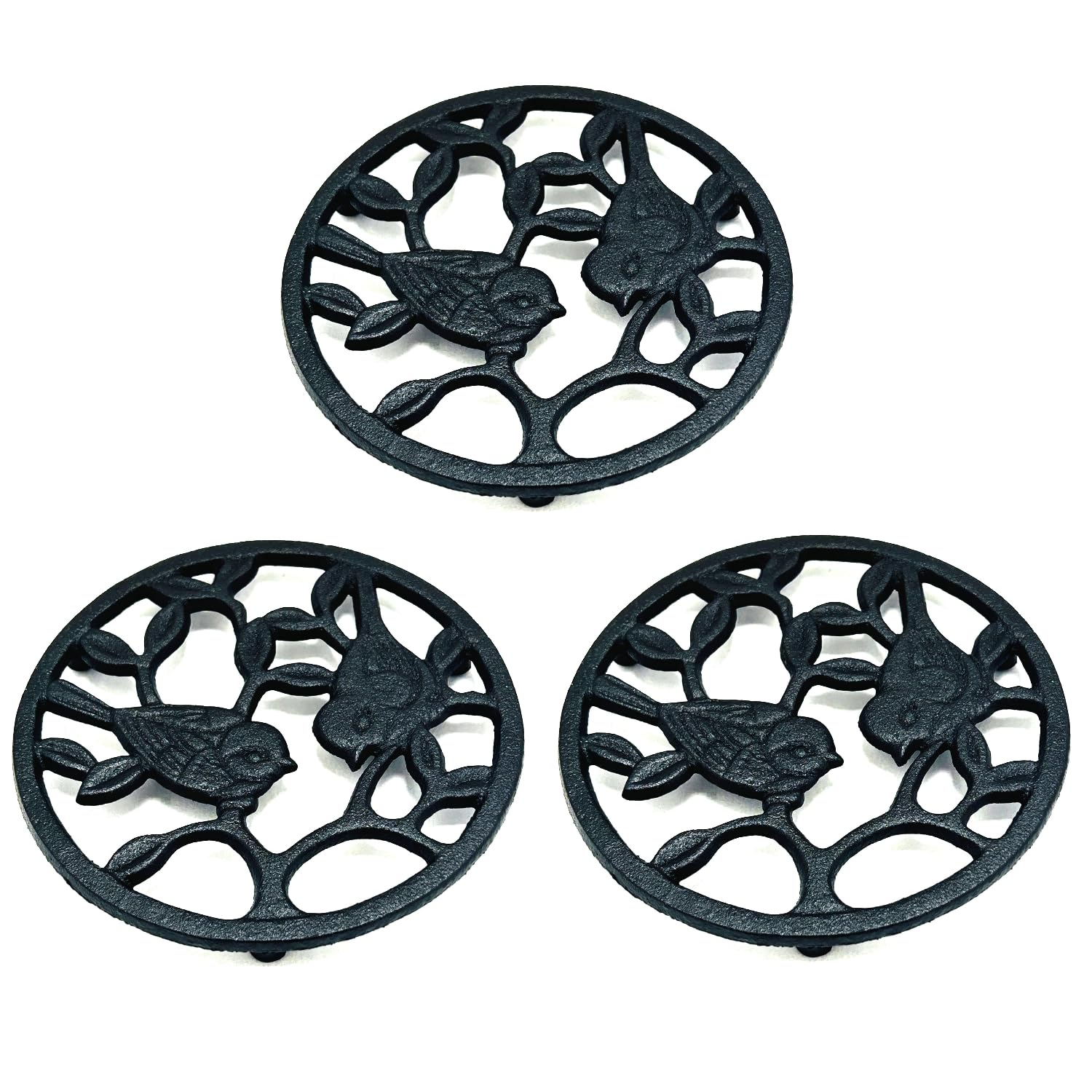 Cast Iron Bird Trivet Set, 3-Pack - Decorative Metal Pot Holders, Rustproof & Rubber Feet for Hot Dishes, Pans, Teapots - Kitchen & Dining Decor, Black