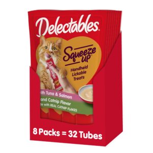 delectables squeeze up creamy squeezable puree, lickable wet cat treats, grain free, no added fillers, no by-products, no added preservatives, 0.5 ounces tube tuna & salmon with catnip, 32 tubes total