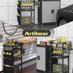 Artibear 4-Tier Rolling Power Tool Organizer Storage Cart, Garage Organization on Wheels Tool Cart with Drill Set Rack Shelf, Mechanic Utility Cart for Workbench & Outdoors Working, Gift for Men Dad