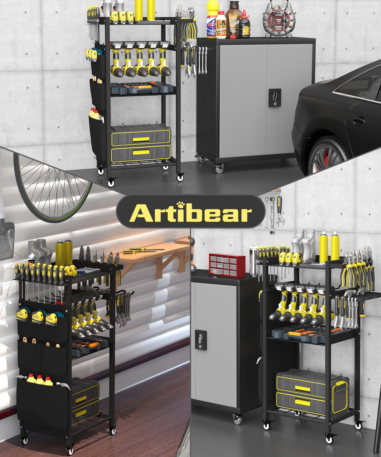 Artibear 4-Tier Rolling Power Tool Organizer Storage Cart, Garage Organization on Wheels Tool Cart with Drill Set Rack Shelf, Mechanic Utility Cart for Workbench & Outdoors Working, Gift for Men Dad