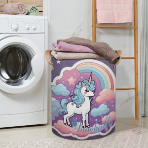 Custom Name Large Laundry Basket Cute Rainbow Unicorn Personalized Collapsible Waterproof Laundry Hamper Dirty Clothes Toys Storage Bin with Handles