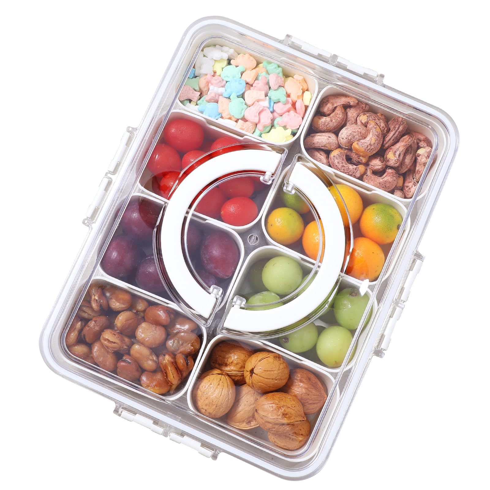 NOIRUC-CZ Divided Clear Snackle Box with Lid and Handle Food Serving Tray Fruit & Veggie Container with 8 Detachable Dividers Portable Snack Platters Charcuterie Board Container for Party, Travel (1)