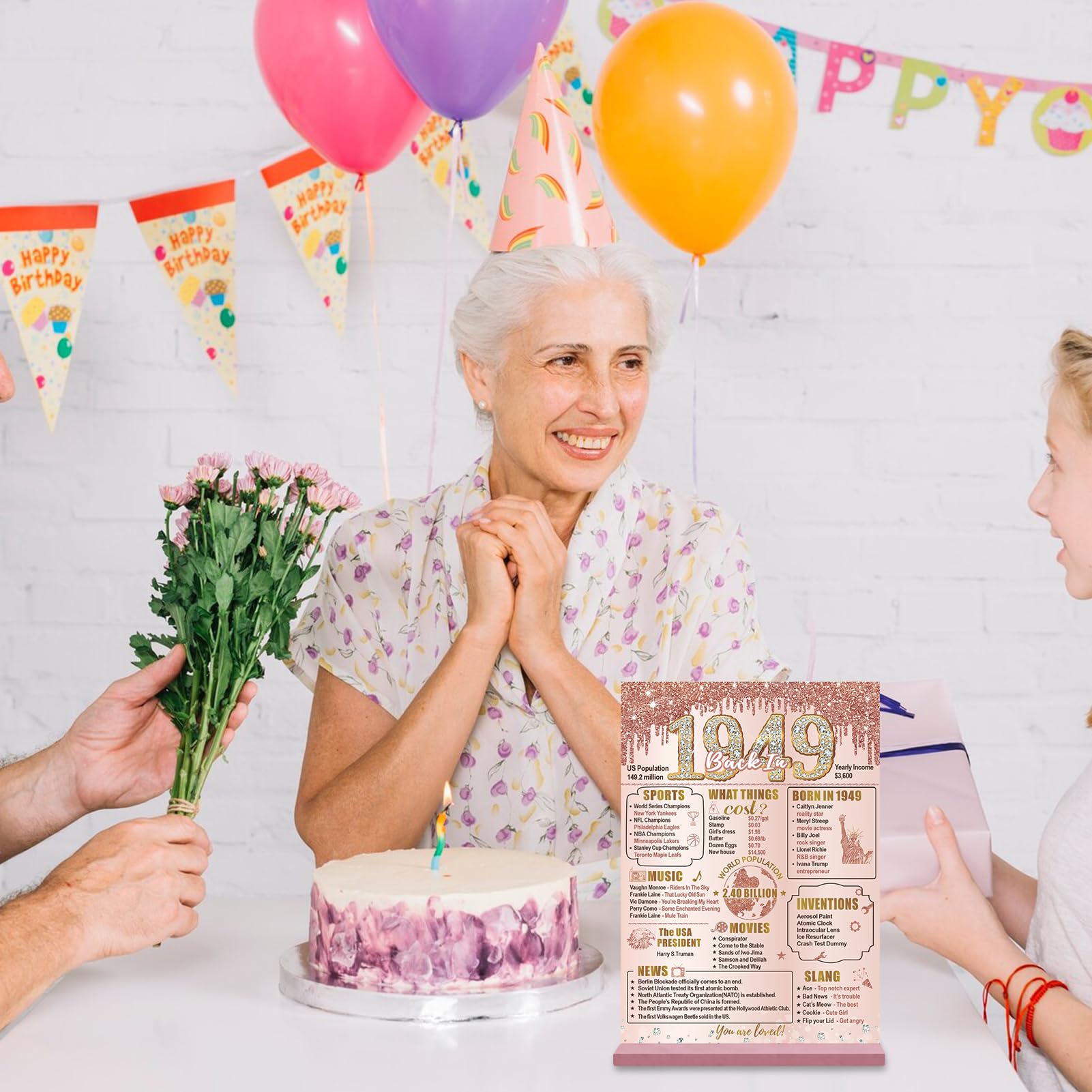 Bumqviy Happy 75th Birthday Decorations Back in 1949 Table Sign for Women, Pink Rose Gold 75 & Fabulous Birthday Two-Sided Wooden Poster with Stand, 75 Year Old Birthday Gift Party Supplies