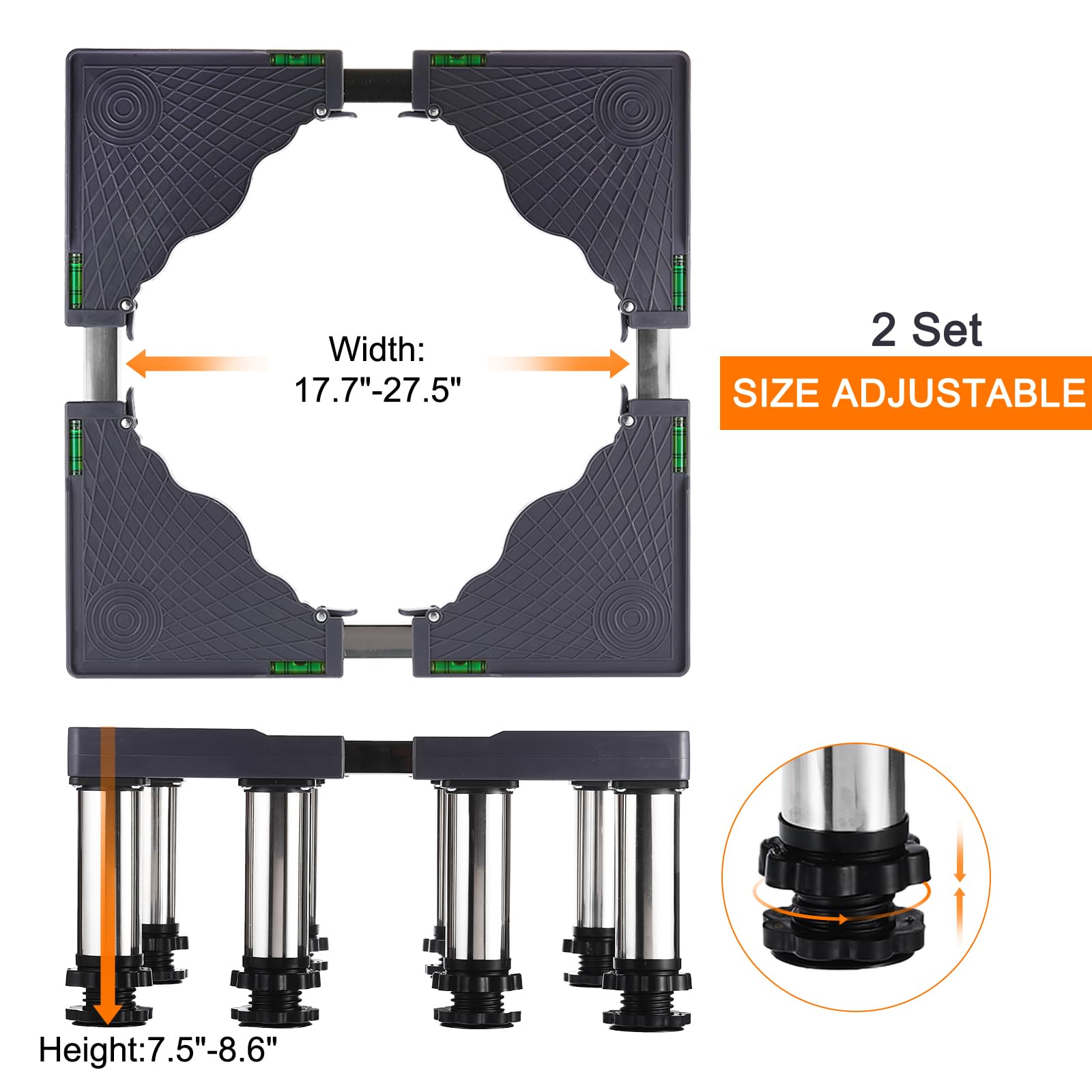 PATIKIL Mini Fridge Stand, 8 Strong Feet Laundry Stand Base Multi-Functional Adjustable Base Tray Anti-Vibration for Refrigerator Washing Machine Dryer AC, 7.5"-8.6" Height, 2Pack