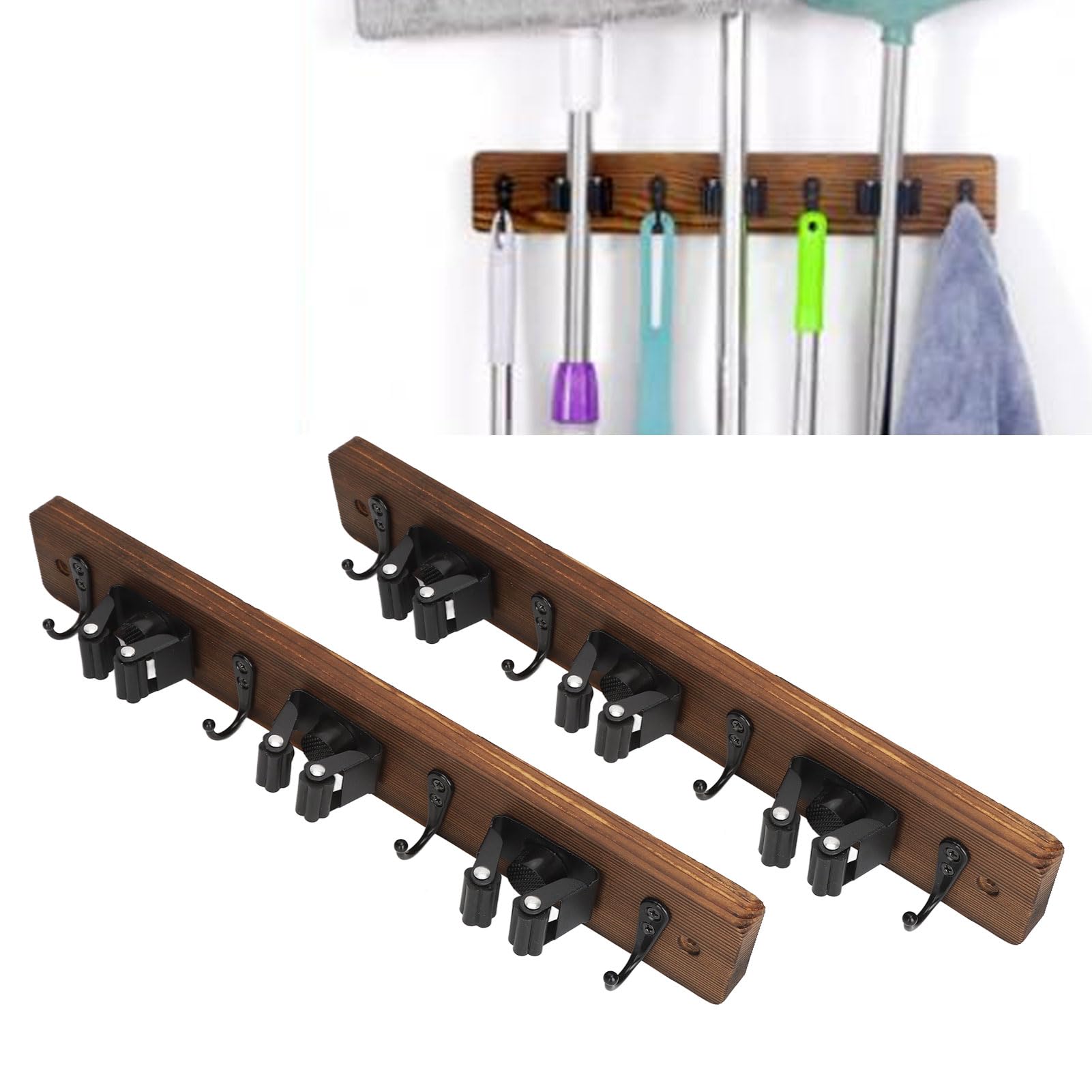 2PCS Mop and Broom Holder Wall Mount, Broom Holder Wood Broom Rack Garden Tool Rack Organizer for Laundry Room Decor with 3 Slots 4 Hooks