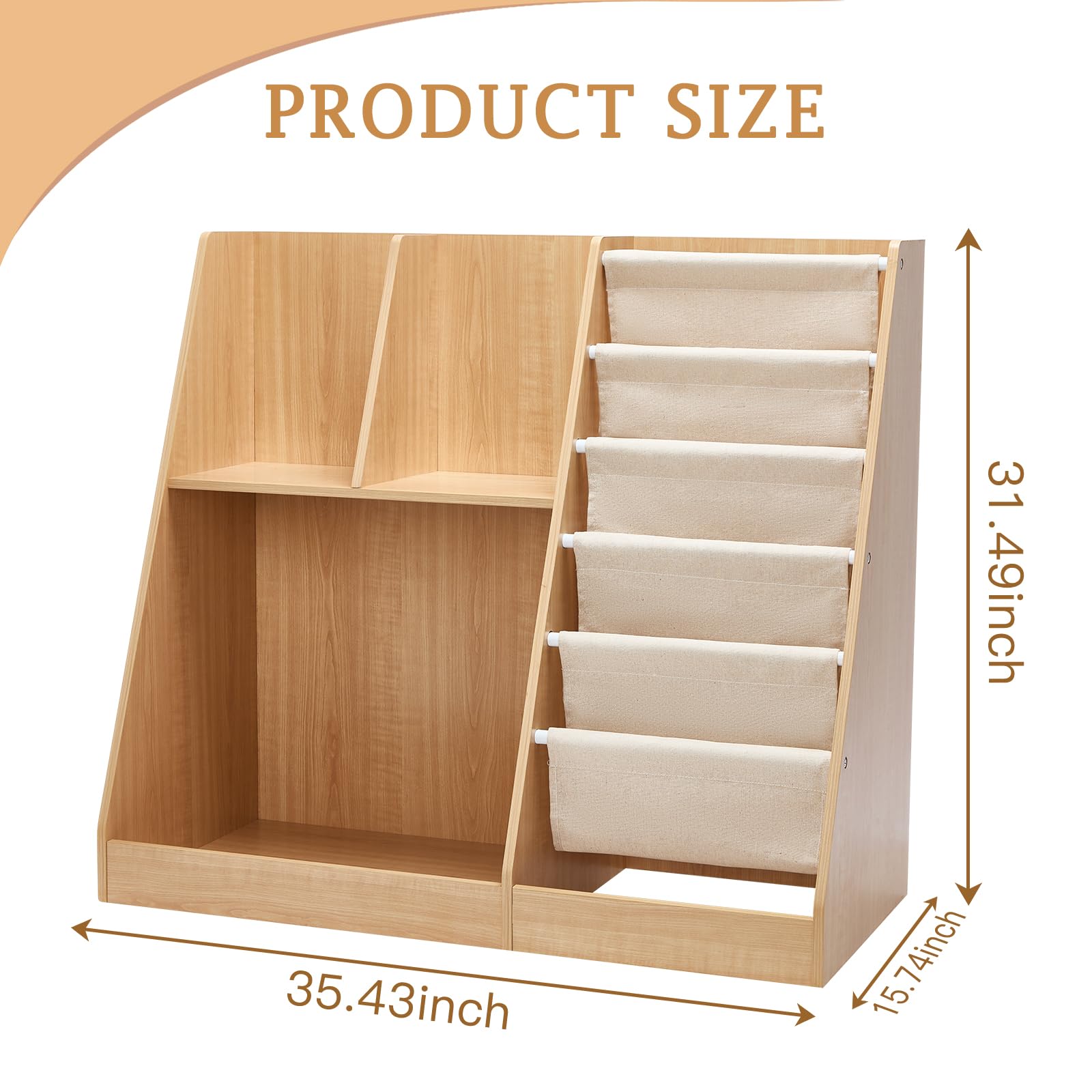 LEZASTAR Kids Bookshelf and Toy Storage, Kids Wooden Bookshelf with Layer Sling Bookcase, Sling Book Shelf and Toy Storage for for Playroom, Kids Room, Classroom, Nursery (Natural)