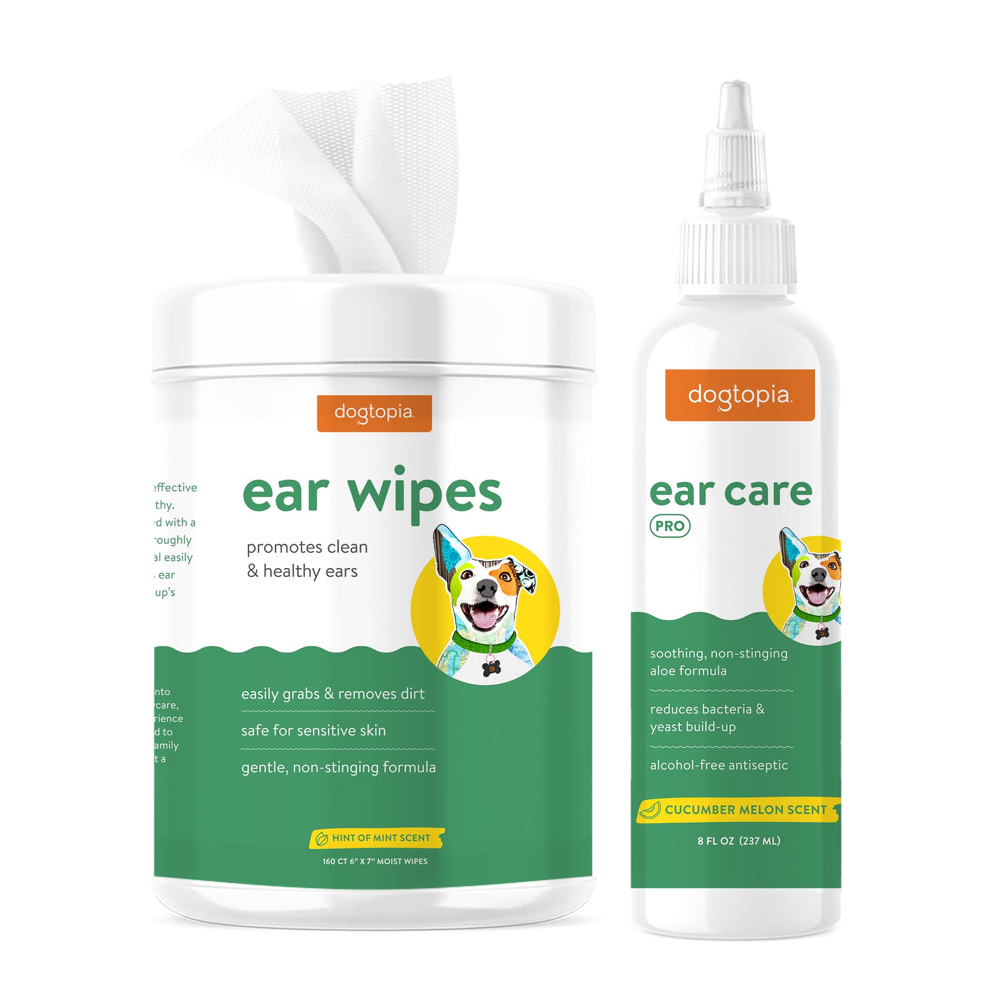 Ear Wipes and Ear Care Pro Solution for Pets | Gentle Ear Wipes (160 Count) and Ear Care Solution (8oz) for Dogs and Cats | Non-Stinging Ear Duo