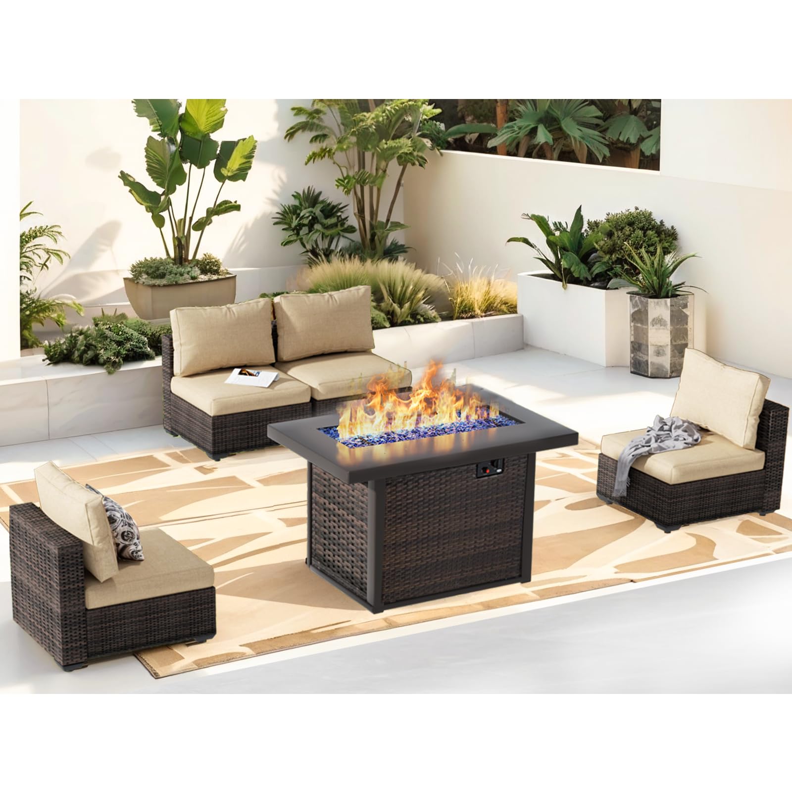 Outdoor Sectional Furniture, 5 Piece Patio Furniture Set with 42-inch Fire Wicker Propane Fire Pit Table - All Weather Wicker Rattan Sofa Conversation Set for Backyard Lawn Poolside Deck, Beige