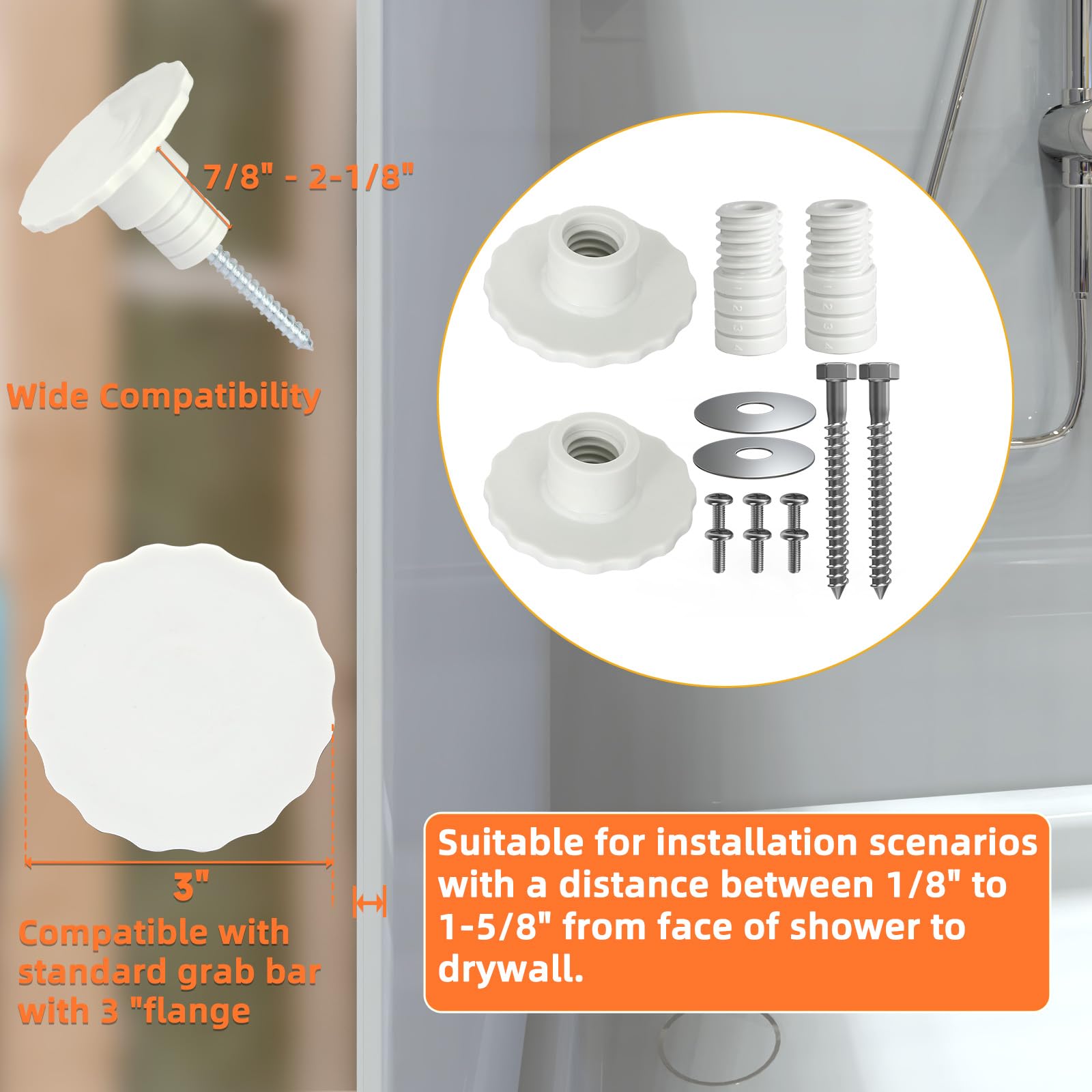 Grab Bar Mounting Kit, Grab Bar Anchors for Installing Grab Bar to Studs in Fiberglass Showers, Grab Bar Mounting System for Safety in Fiberglass Shower or Fiberglass Tub (1)