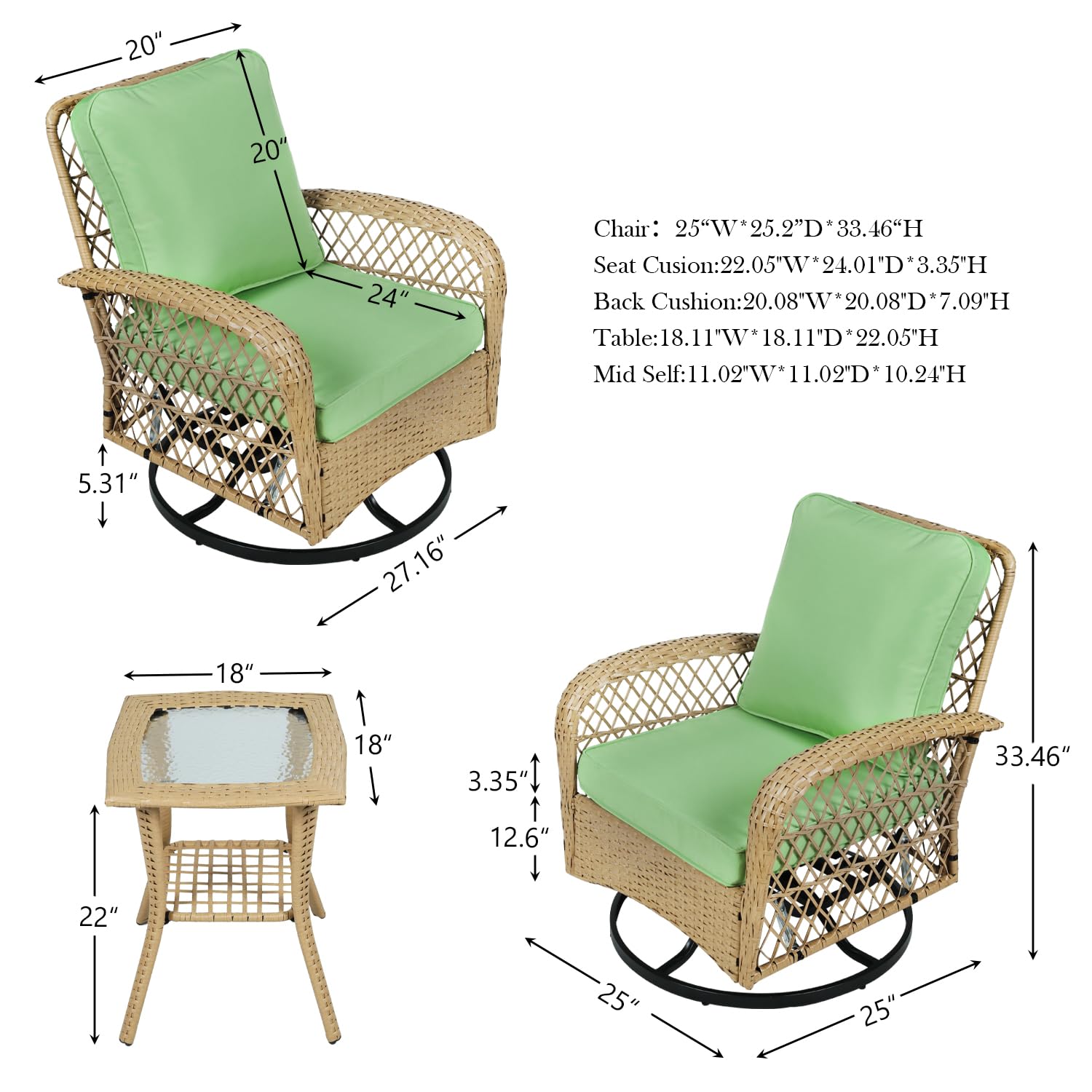 FUNKOCO 3 Pieces Outdoor Swivel Glider Rocker, Rattan Woven Patio Furniture Set, Wicker Patio Bistro Set with Washable Cushions and Glass Table for Garden, Porch, Backyard