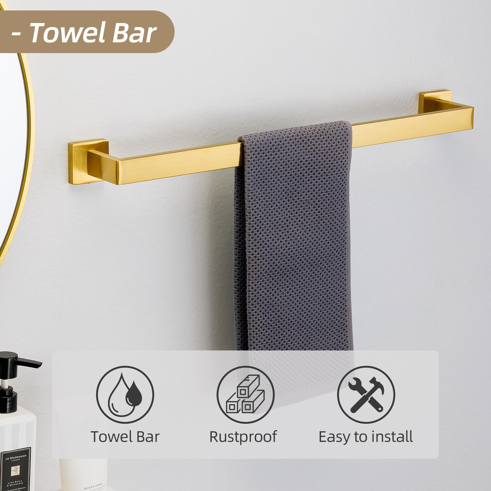 Fenas 5 Piece Bathroom Hardware Set 23.6 Inch Brushed Gold Towel Bar Set Bathroom Towel Holder Set Towel Rack Set Heavy Duty Wall Mounted