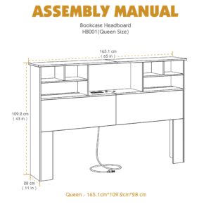 AYEASY Queen/Full Size Headboard Only for Bedroom, Wood Bookcase Headboard with Charging Station & 2 LED Lights, Stylish Queen Headboard for Queen Size Bed, Noise-Free HeadBoard with Storage, White
