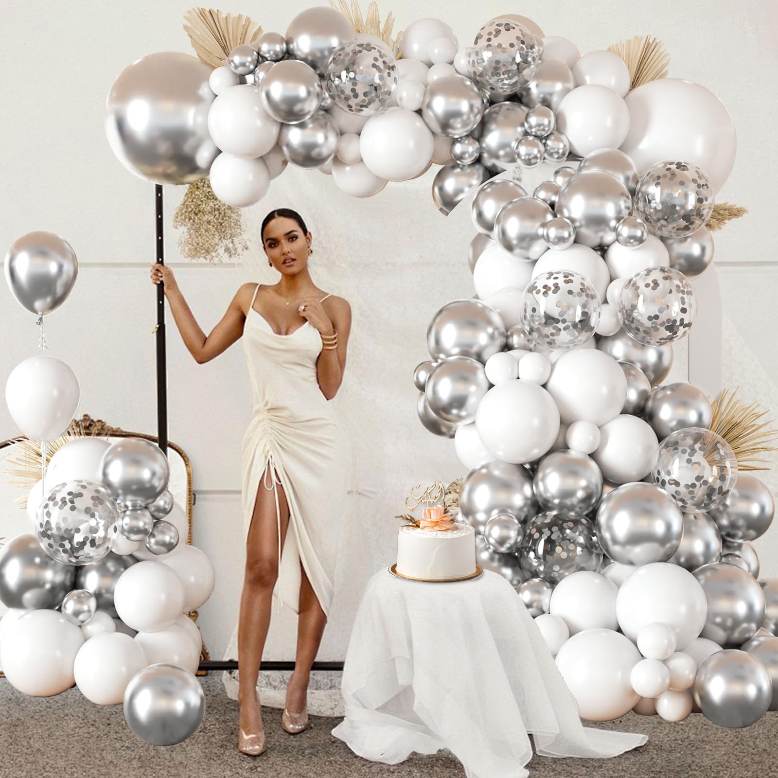 132pcs Silver and White Balloon Arch Kit, Metallic Silver and White Balloons Different Sizes of 18 12 10 Inch Balloons for Wedding Anniversary Baby Shower Graduation Birthday Party Decoration