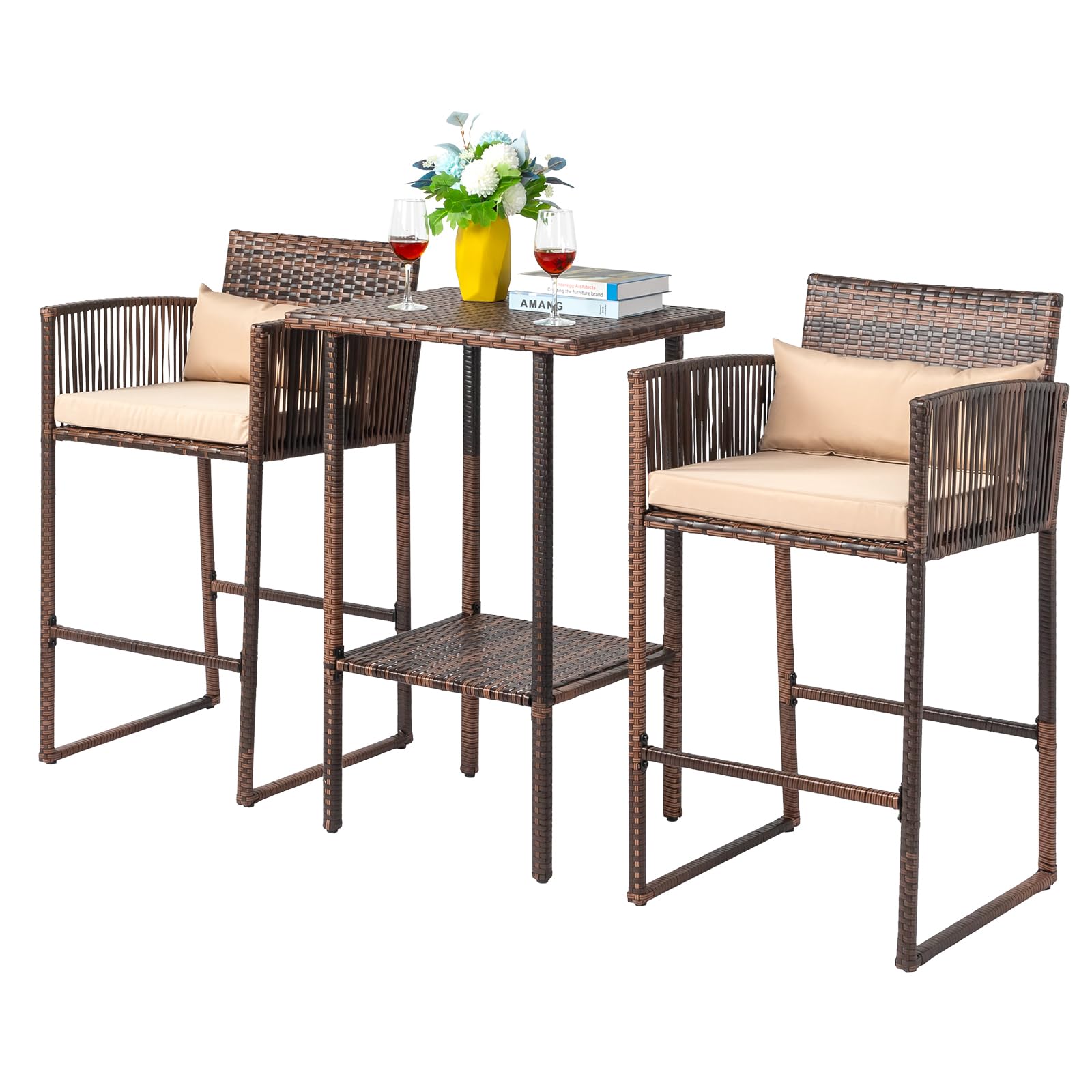 Outvita 3-Piece Outdoor Bar Height Chairs, Rattan High Top Patio Table and Chairs Front Porch Wicker Weaving Furniture Set for Deck Backyard Garden Poolside, Brown