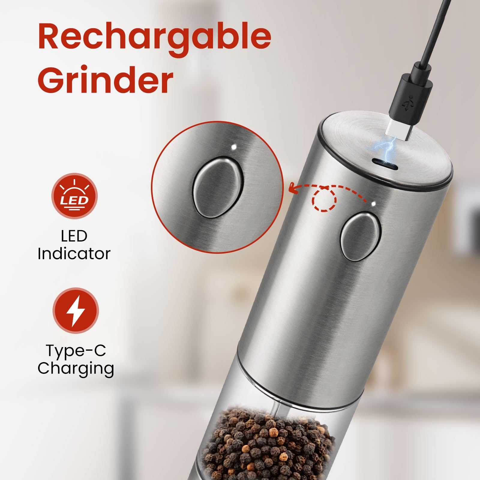 Newise Electric Salt and Pepper Grinder Set Rechargeable with Light, Automatic & Adjustable Coarseness, Kitchen Essentials, Housewarming Gifts for New Home, Stainless Steel