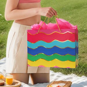 16" Extra Large Gift Bags with Tissue Papers, Extra Large Gift Bags with Handles, Large Gift Bags for Presents, Rainbow Big Gift Bags, Gold Gift Bags Large Size, Extra Large Birthday Gift Bags Bulk