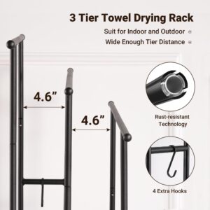 ELYKEN 3 Tier Standing Towel Rack, 40'' Tall Towel Drying Rack Outdoor, Freestanding Floor Towel Rack with Shelf, Pool Towel Blanket Stand, Metal Towel Racks for Bathroom freestanding, Matte Black