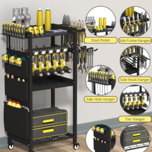 Artibear 4-Tier Rolling Power Tool Organizer Storage Cart, Garage Organization on Wheels Tool Cart with Drill Set Rack Shelf, Mechanic Utility Cart for Workbench & Outdoors Working, Gift for Men Dad