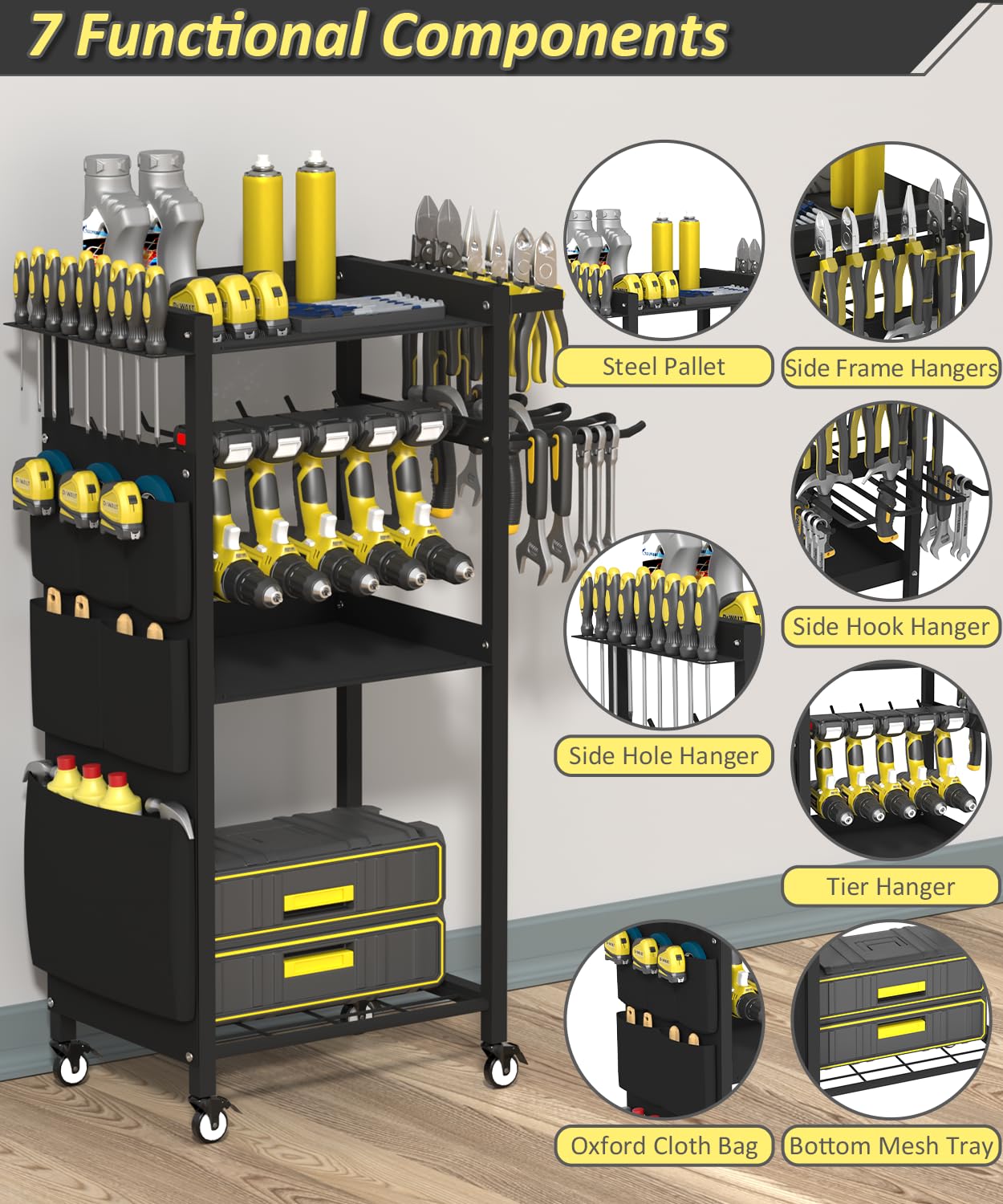 Artibear 4-Tier Rolling Power Tool Organizer Storage Cart, Garage Organization on Wheels Tool Cart with Drill Set Rack Shelf, Mechanic Utility Cart for Workbench & Outdoors Working, Gift for Men Dad