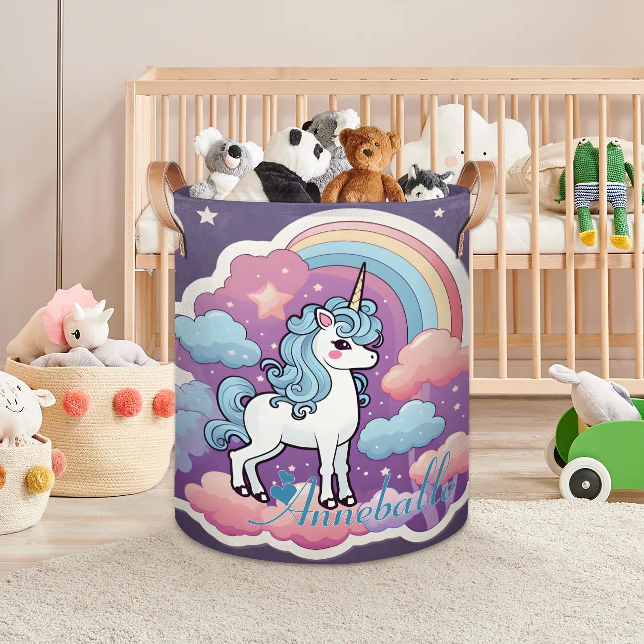 Custom Name Large Laundry Basket Cute Rainbow Unicorn Personalized Collapsible Waterproof Laundry Hamper Dirty Clothes Toys Storage Bin with Handles