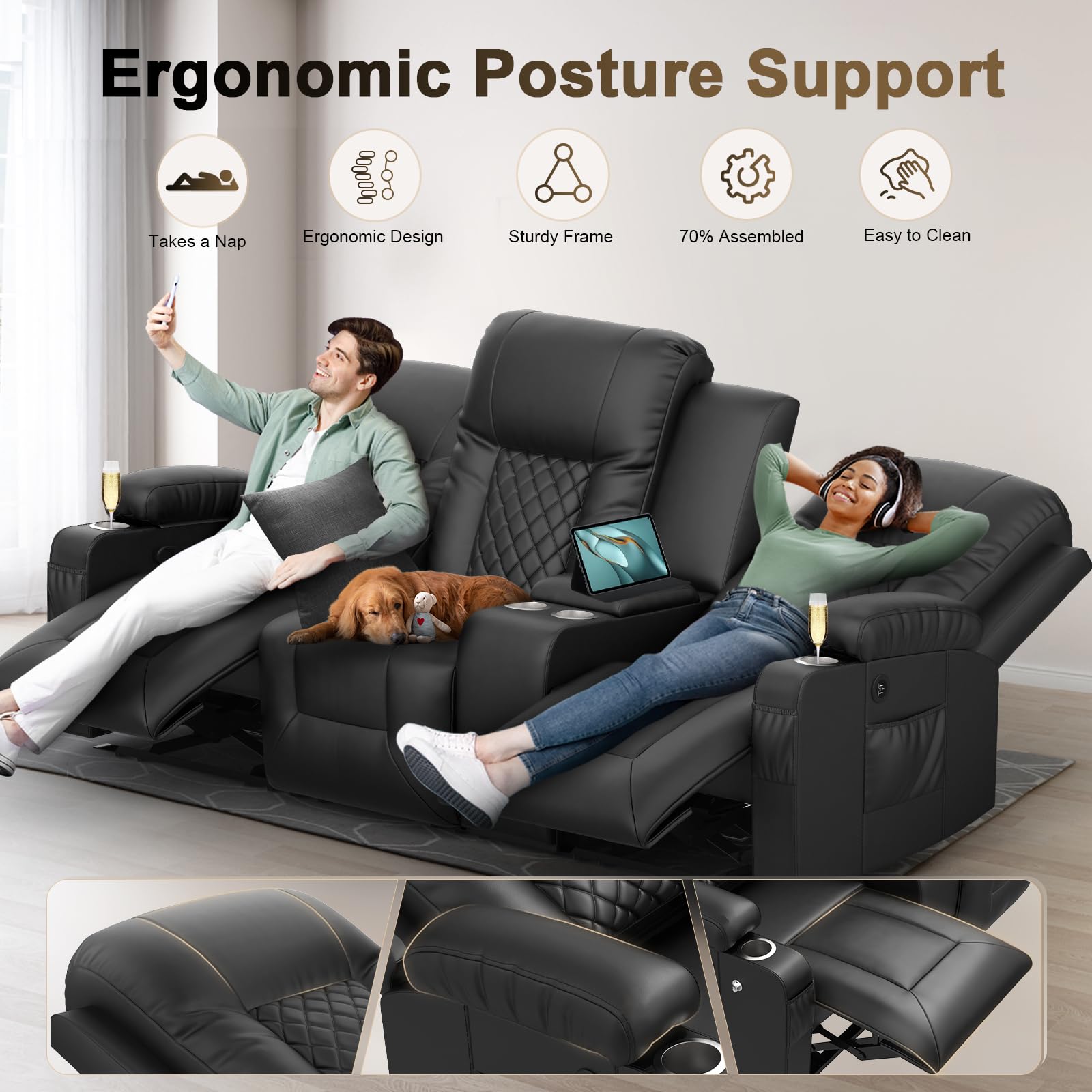 YONISEE 3 Seat Recliner Sofa, Large Reclining Sofa with Storage Console, Manual Reclining Chair with USB Ports, 2 Cell Phone Holder, 3 Seater Loveseat Recliner Couch for Living Room