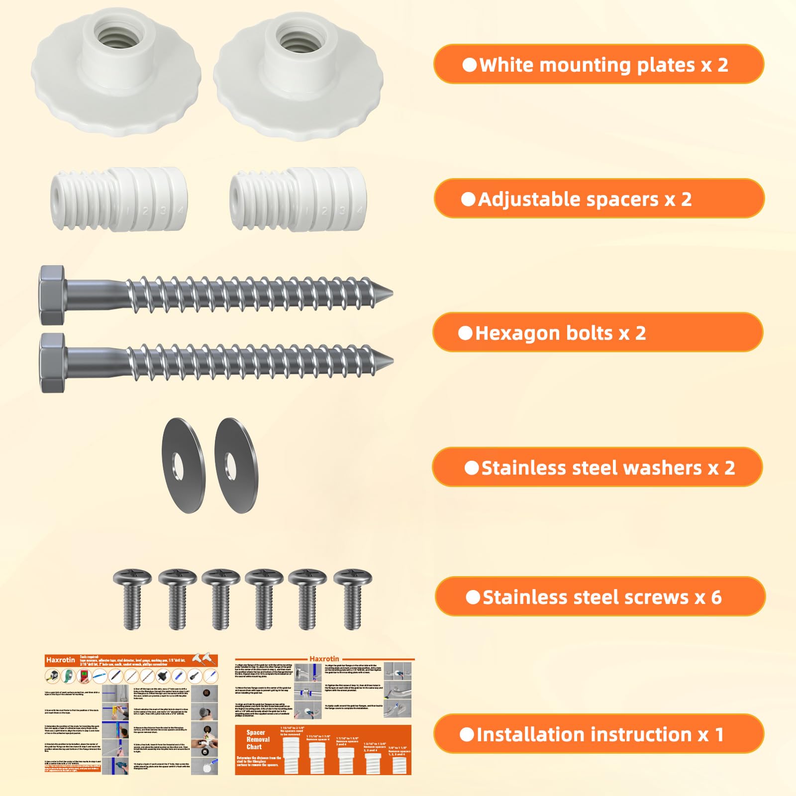 Grab Bar Mounting Kit, Grab Bar Anchors for Installing Grab Bar to Studs in Fiberglass Showers, Grab Bar Mounting System for Safety in Fiberglass Shower or Fiberglass Tub (1)