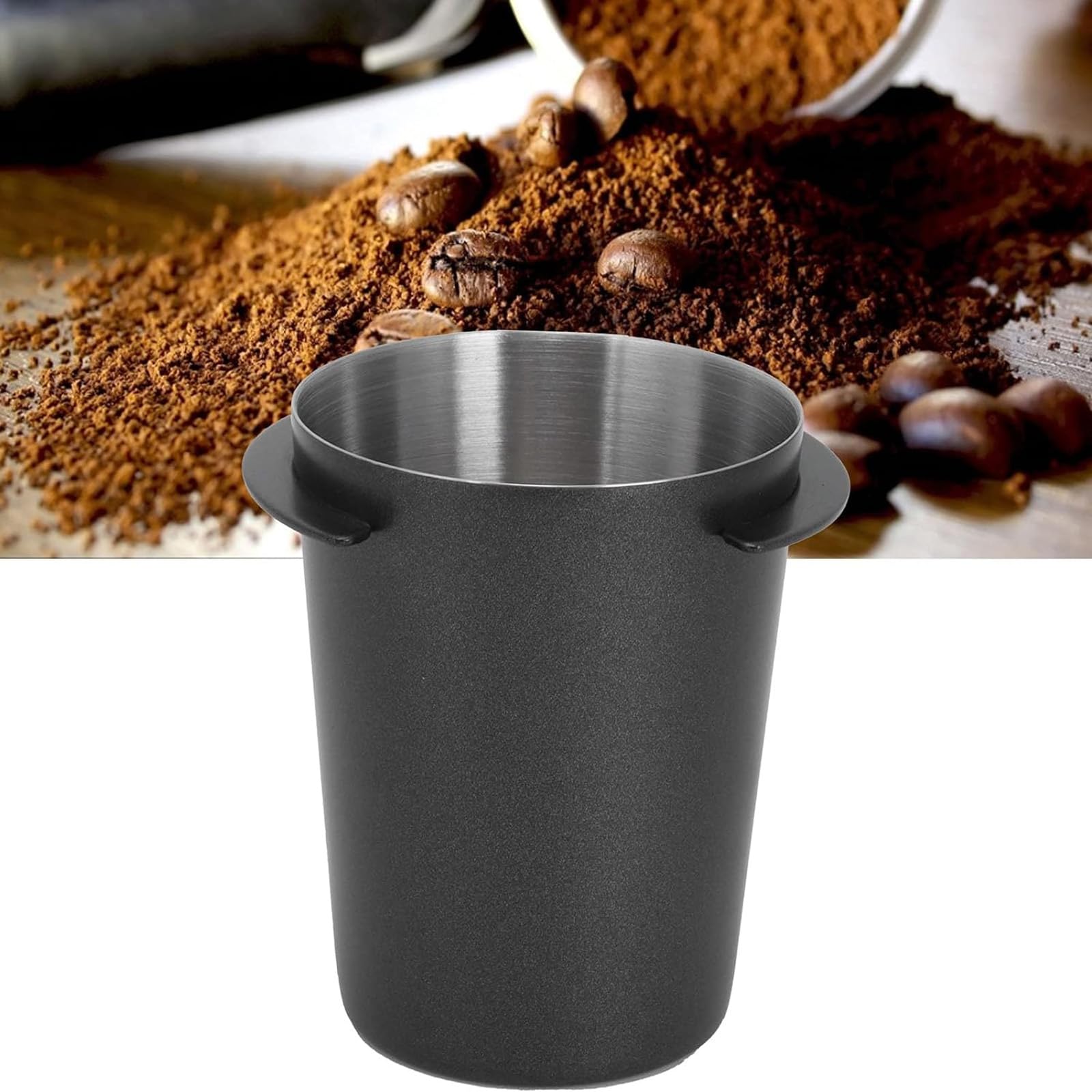 Coffee Dosing Cup 58mm, Stainless Steel Espresso Coffee Dosing Cup Espresso Coffee Machine Accessories, Coffee Powder Feeder Part Coffee Grinder Powder Cup Compatible with 54mm Portafilter, Black