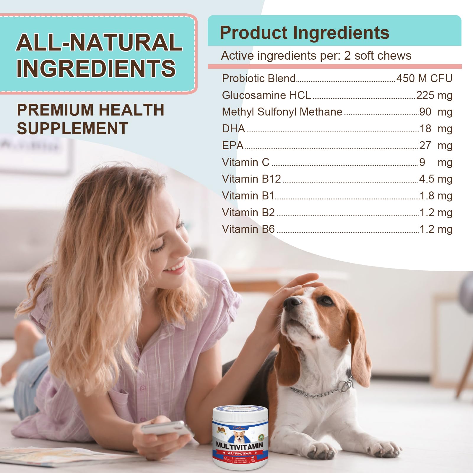 Dog Multivitamin Treat - Dog Vitamins and Supplements with Glucosamine, Probiotics, Fish Oil, Senior & Puppy Multivitamin for Dogs, for Skin & Coat, Supports Joint Health and Digestive Function