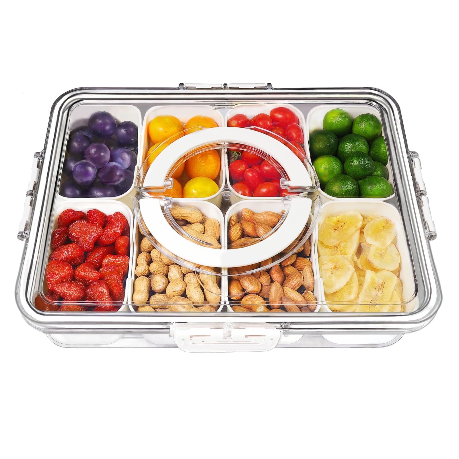 Divided Serving Tray with Lid and Handle, 8 Compartment Snackle Box Container, Travel Charcuterie Board with Lid for Kids and Adults, Snack Box Container - Fruit, Vegetable, Candy, Snack Tray with Lid