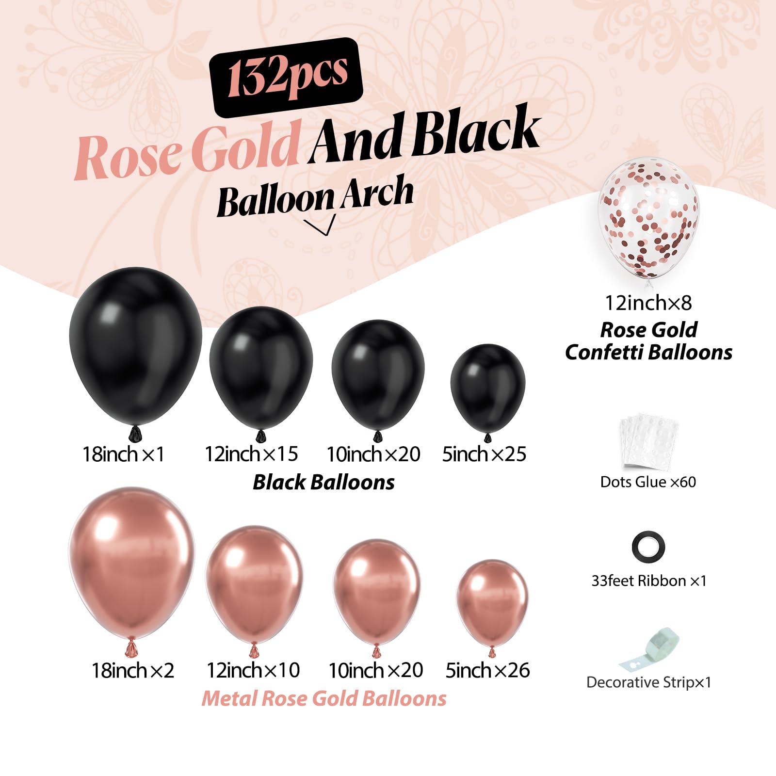 132pcs Rose Gold and Black Balloon Arch Kit, Metallic Rose Gold and Black Balloons Different Sizes of 18 12 10 Inch with Confetti Balloon for Wedding Graduation Baby Shower Birthday Party Decoration