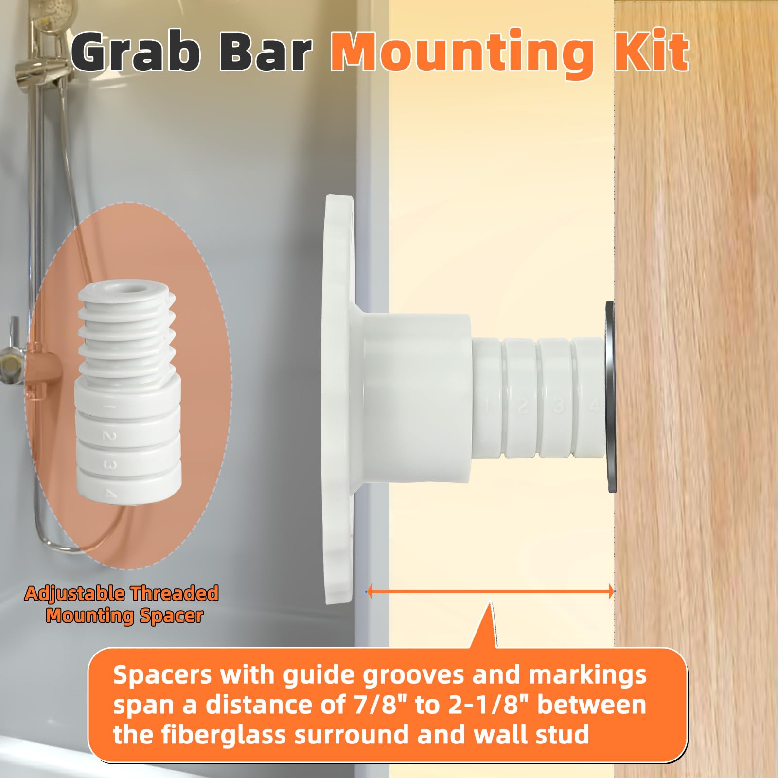 Grab Bar Mounting Kit, Grab Bar Anchors for Installing Grab Bar to Studs in Fiberglass Showers, Grab Bar Mounting System for Safety in Fiberglass Shower or Fiberglass Tub (1)