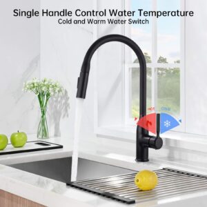 KUKKUME Kitchen Faucets with Pull Down Sprayer, Single Handle Kitchen Sink Faucet Modern Staninless Steel Kitchen Faucet Matte Black