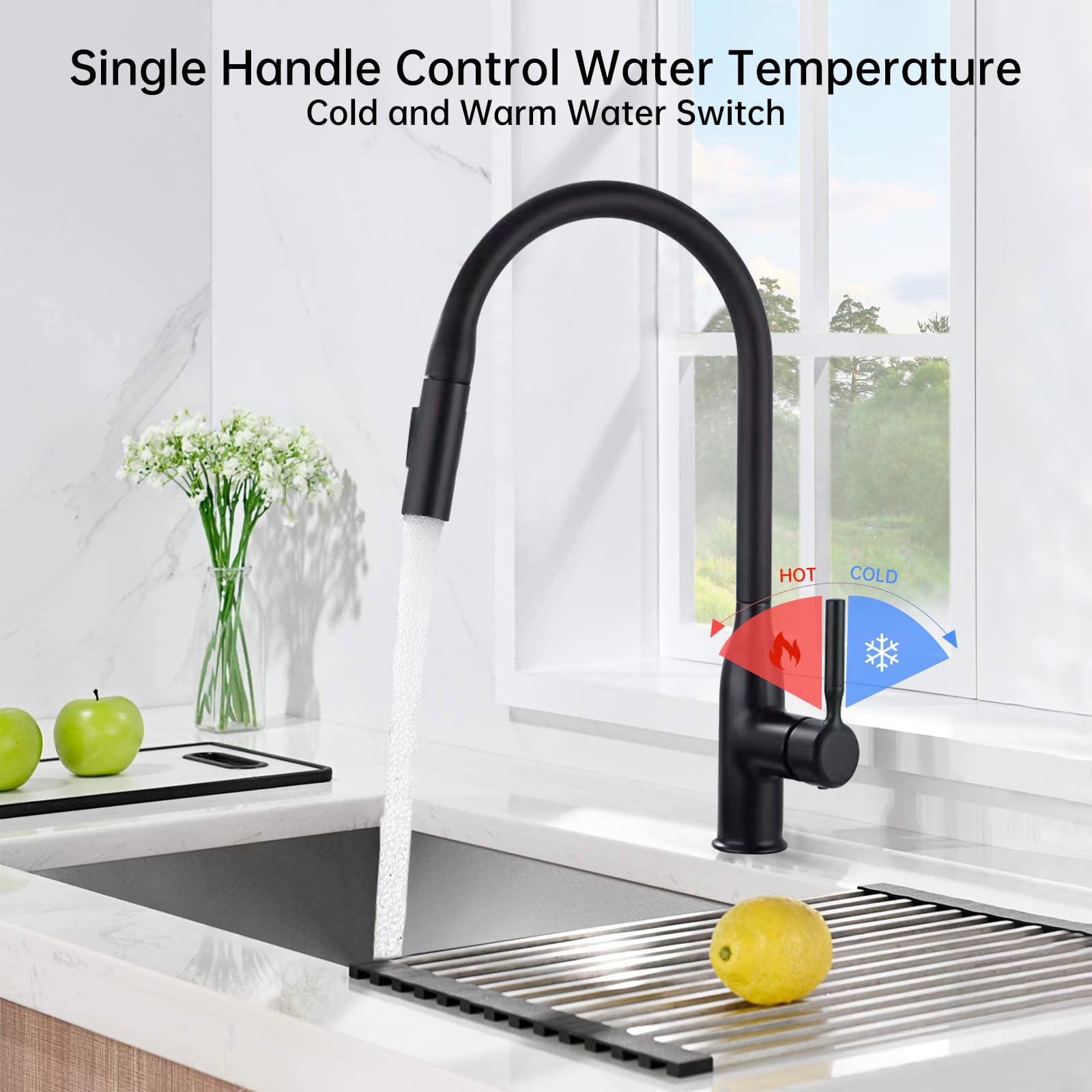 KUKKUME Kitchen Faucets with Pull Down Sprayer, Single Handle Kitchen Sink Faucet Modern Staninless Steel Kitchen Faucet Matte Black