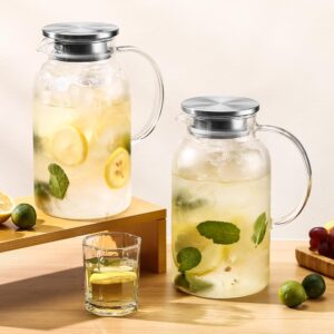 68 oz Glass Pitcher With Lid. Glass Carafe for Hot/Cold Water. 0.5 Gallon Pitcher 2 Pcs. Glass Water Jugs for Cold Brew Coffee, Iced Tea, Milk, Sun Tea Jar