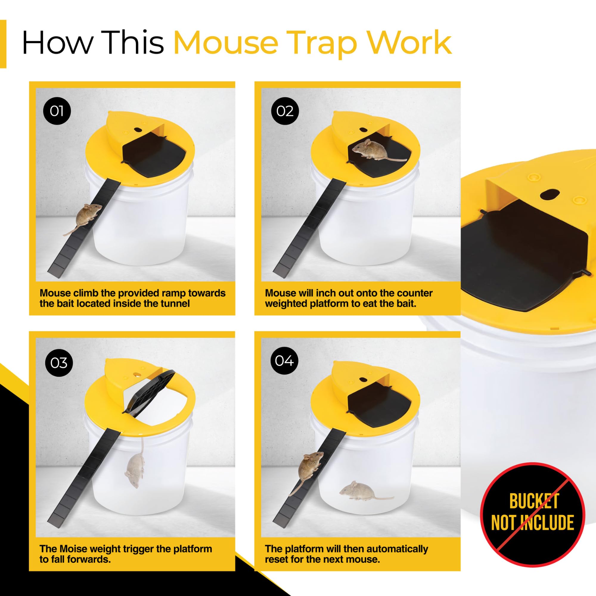 Mouse Trap Bucket Flip Lid, Bucket lid Mouse Rat Traps, Humane Mouse Trap Indoor Outdoor, Multi Catch and Auto Reset, 5 Gallon Bucket, Mouse Rats Trap Bucket Lid Slide in Bucket, with Gloves