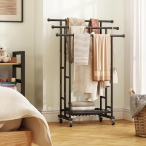 SORCEDAS Towel Rack 3 Tier Free Standing Metal Towel Stand with Storage Basket and Wheel for Extra Large Towel Blanket Drying Bath Towels Bathroom (Black)