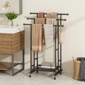 SORCEDAS Towel Rack 3 Tier Free Standing Metal Towel Stand with Storage Basket and Wheel for Extra Large Towel Blanket Drying Bath Towels Bathroom (Black)