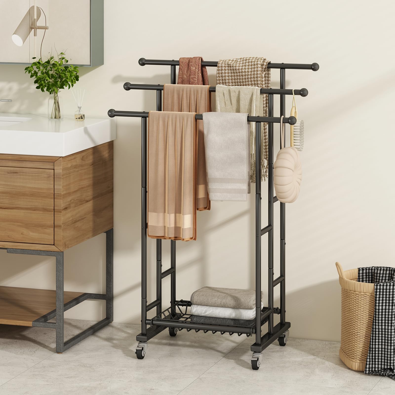 SORCEDAS Towel Rack 3 Tier Free Standing Metal Towel Stand with Storage Basket and Wheel for Extra Large Towel Blanket Drying Bath Towels Bathroom (Black)