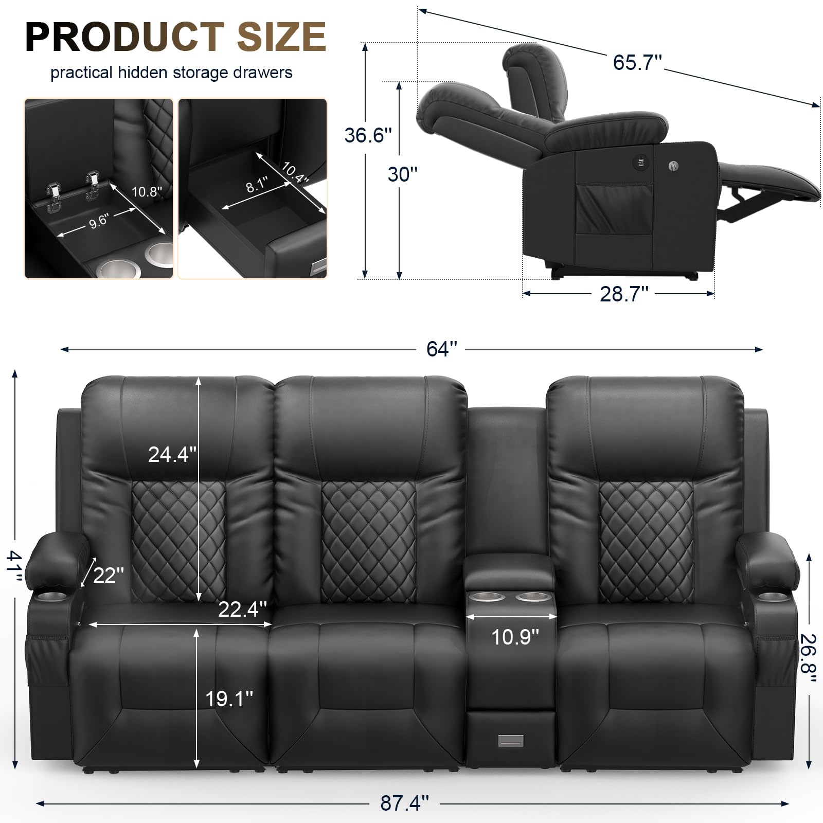 YONISEE 3 Seat Recliner Sofa, Large Reclining Sofa with Storage Console, Manual Reclining Chair with USB Ports, 2 Cell Phone Holder, 3 Seater Loveseat Recliner Couch for Living Room