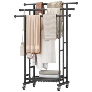 sorcedas towel rack 3 tier free standing metal towel stand with storage basket and wheel for extra large towel blanket drying bath towels bathroom (black)