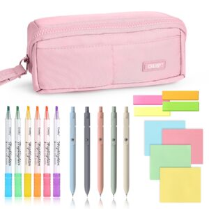 pencil case with supplies, pink pencil pouch bag with assorted colors highlighters gel pens sticky notes tabs, aesthetic stationery set for school classroom