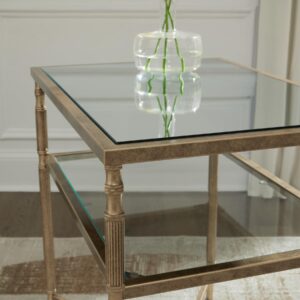 Signature Design by Ashley Cloverty Industrial Mirror-Tabletop End Table with Round Legs and Glass Shelf, Metallic