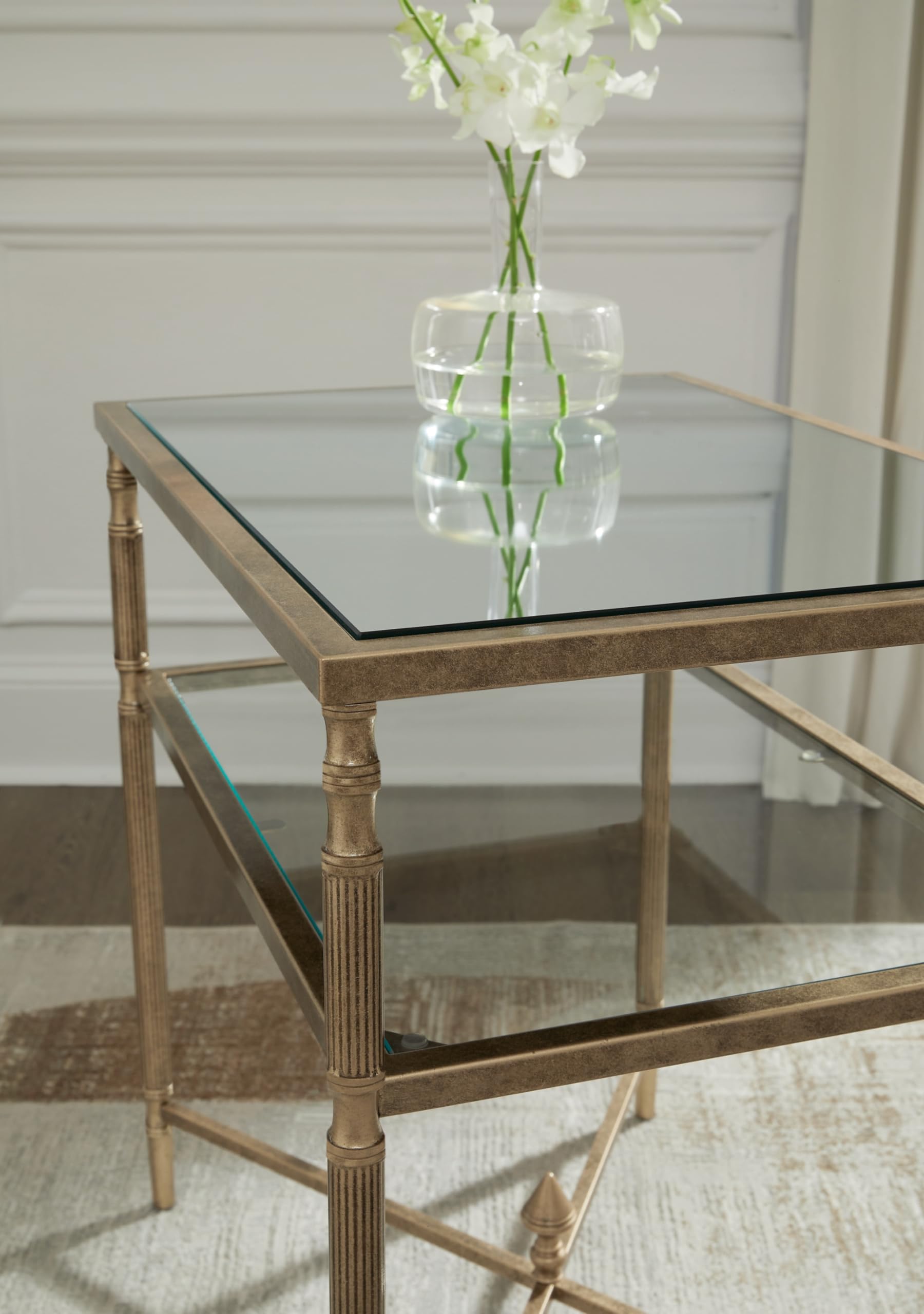 Signature Design by Ashley Cloverty Industrial Mirror-Tabletop End Table with Round Legs and Glass Shelf, Metallic