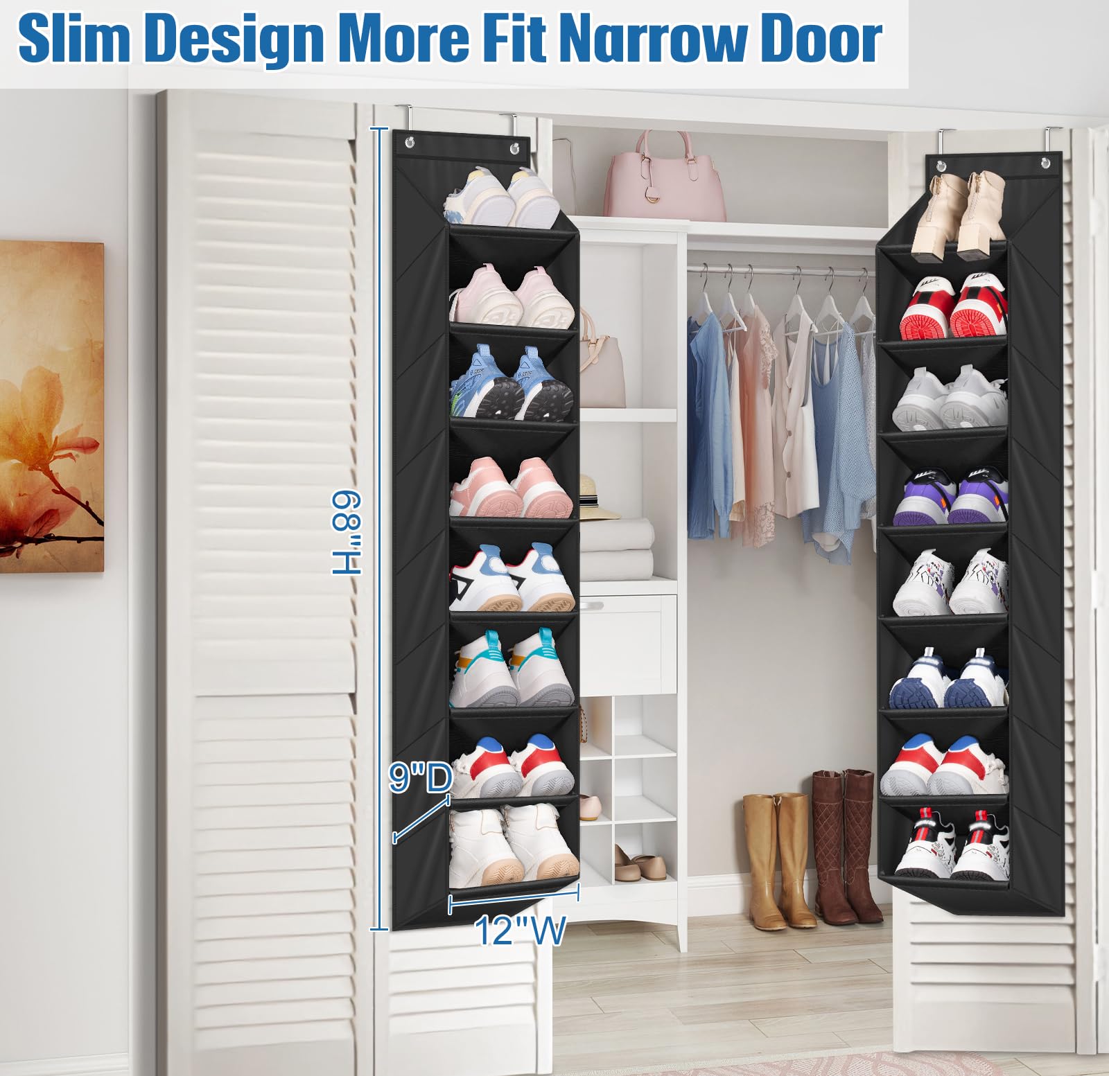 SLEEPING LAMB 2 Pack Narrow Over The Door Shoe Organizer with 8 Large Deep Pockets, Hanging Shoe Rack for Closet Door Storage for Boots, Sneakers (Black)